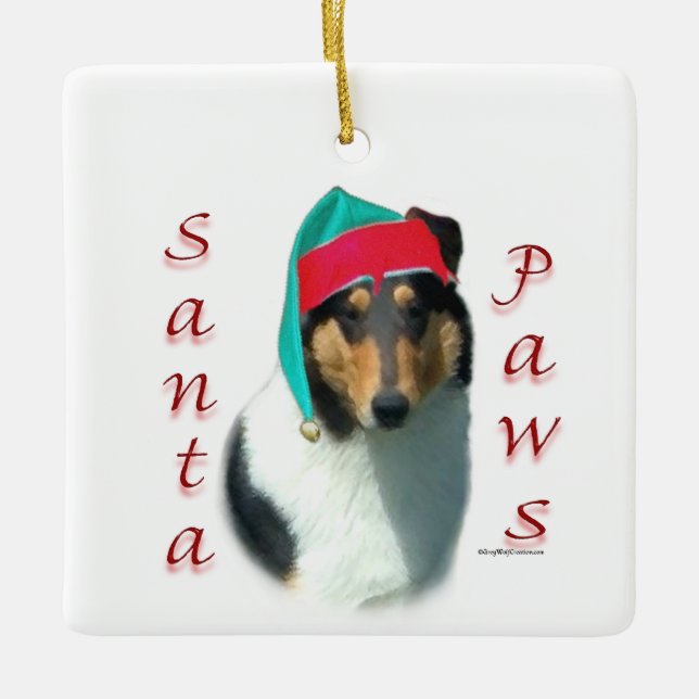 Collie (slät) Santa Tassar Julgransprydnad Keramik (Framsida)