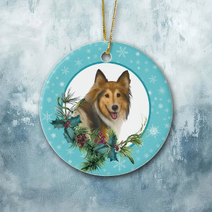 Collie Snowflake Blue Ram Helgdag Bouquet Julgransprydnad Keramik