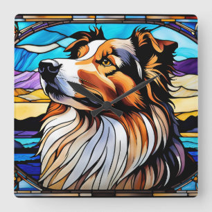 Collie Stached Glass-utseende Fyrkantig Klocka