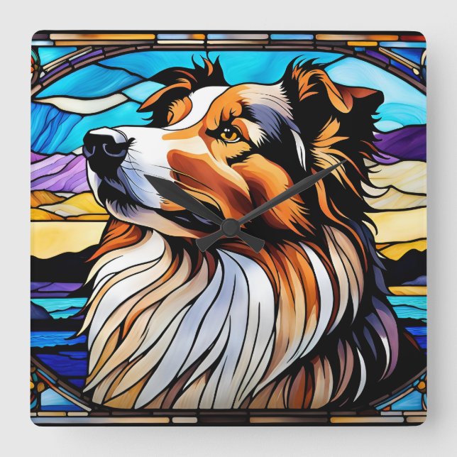 Collie Stached Glass-utseende Fyrkantig Klocka (Framsida)