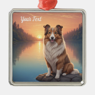 Collie vid sjö julgransprydnad metall