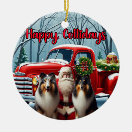 Collies, Tomte, Röd lastbilsprydnad Julgransprydnad Keramik
