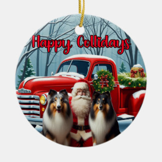 Collies, Tomte, Röd lastbilsprydnad Julgransprydnad Keramik