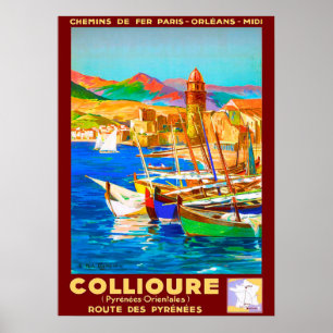 Collioure, Pyrenéer, Frankrike, fartyg i hamn, vin Poster