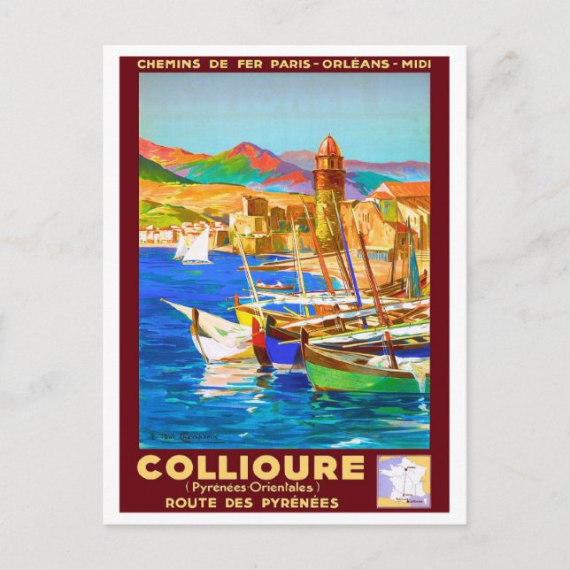 Collioure, Pyrenéer, Frankrike, fartyg i hamn, vin Vykort (Framsida)