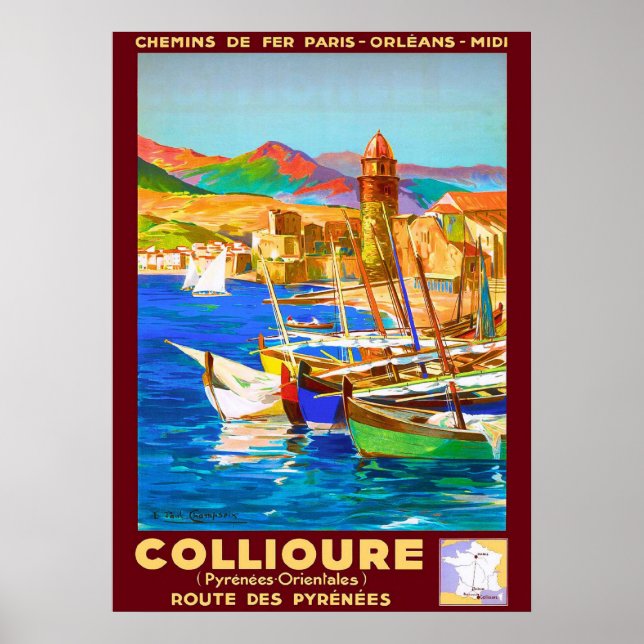 Collioure, Pyrenéerna, Frankrike, båtar i hamn, vi Poster (Framsidan)