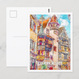 Colmar Alsace Frankrike Resa Plats Akvarell Vykort