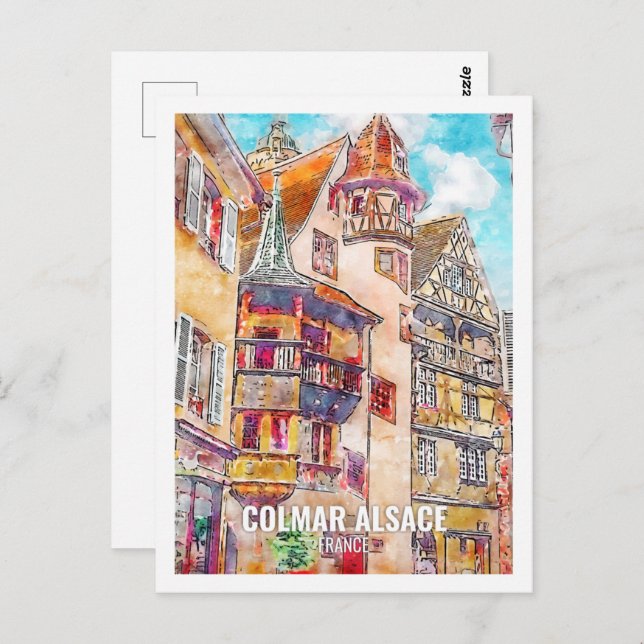Colmar Alsace Frankrike Resa Plats Akvarell Vykort (Fram/baksida)