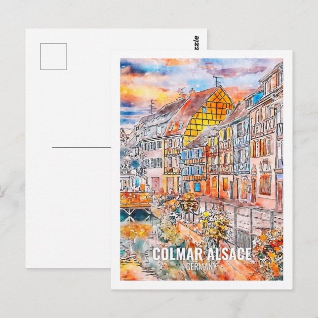 Colmar Alsace Tyskland Travel Ställe Watercolor Vykort (Fram/baksida)