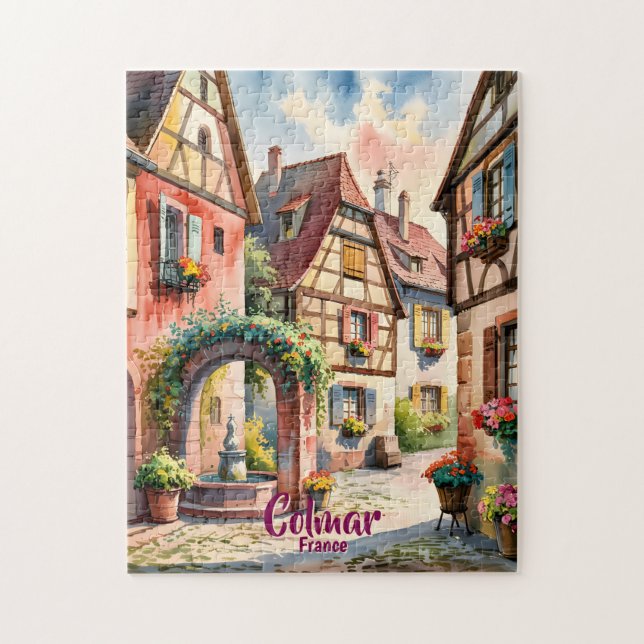 Colmar France Alsace Watercolor Travel Custom Text Pussel (Vertikal)