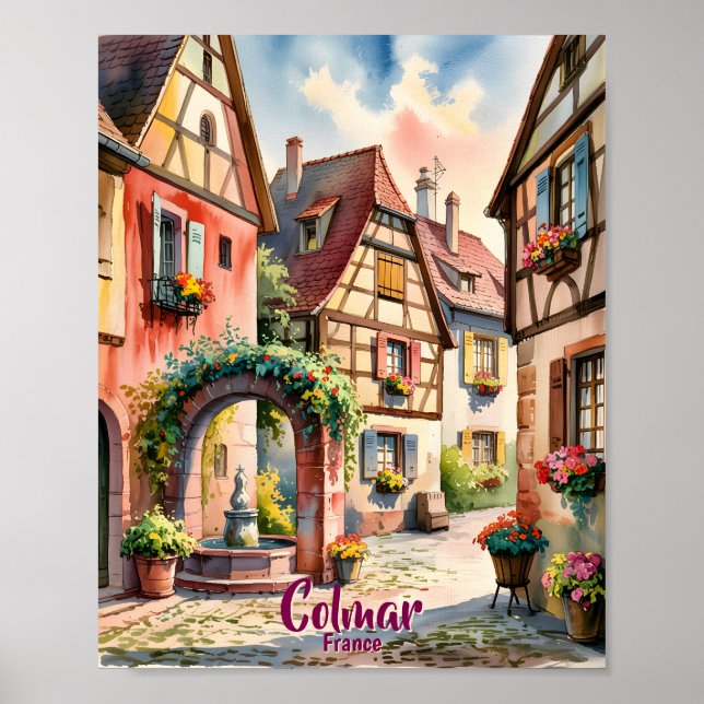 Colmar Frankrike Alsace Akvarell Resa Anpassad Tex Poster (Framsidan)