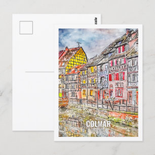 Colmar Frankrike Travel Ställe Watercolor Vykort