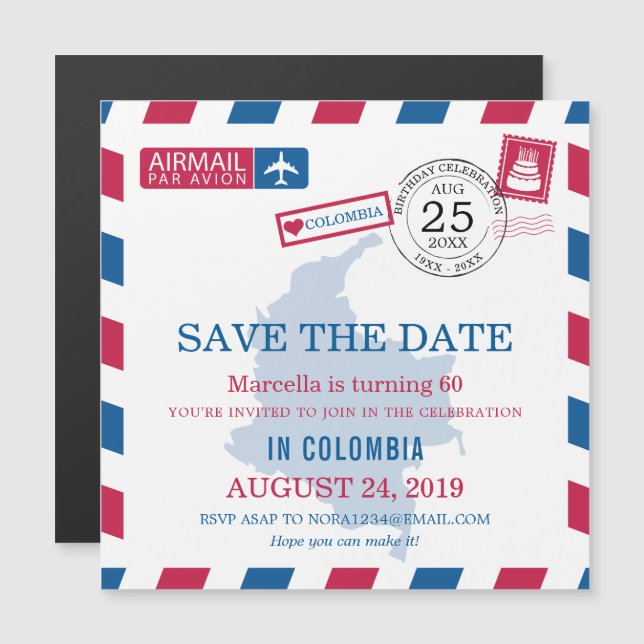 Colombia Airmail Birthday Firation Magnetisk Inbjudningskort (Fram/baksida)