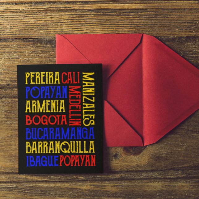 Colombia City Typografie Art Postcard Inbjudan Vykort (Colombia Medellin Bogota Cartagena City Names Flag Postcard)