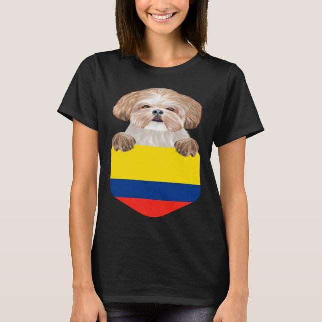 Colombia Flag Shih Tzu Dog In Pocket T Shirt (Framsida)