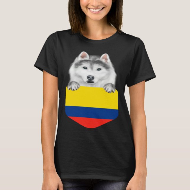 Colombia Flag Siberian Husky Dog In Pocket T Shirt (Framsida)