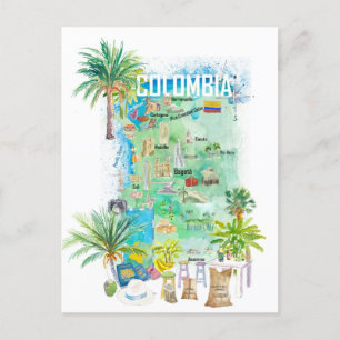 Colombia Illustrated Travel Karta Vykort