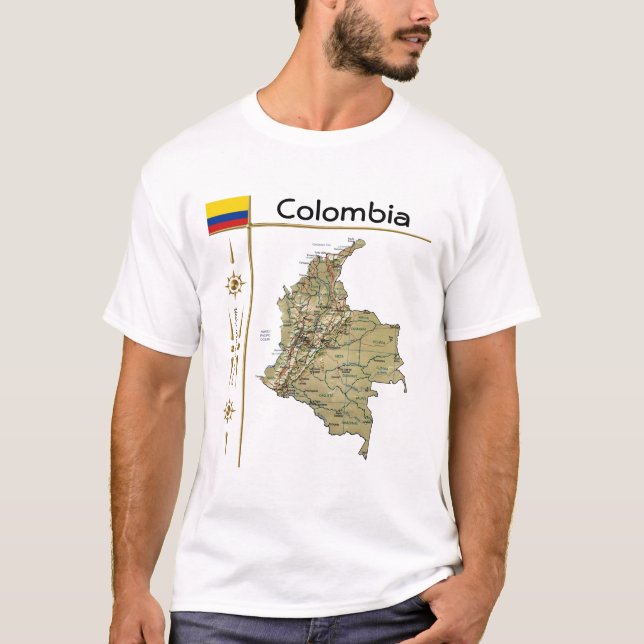 Colombia Karta + Flagga + avdelning T-Shirt (Framsida)