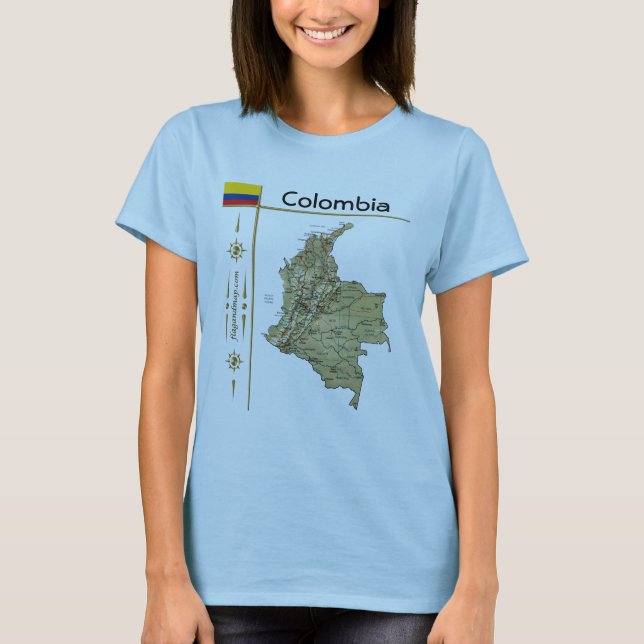 Colombia Karta + Flagga + avdelning T-Shirt (Framsida)