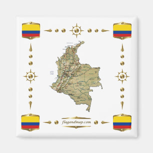 Colombia Karta + Flaggor Magnet