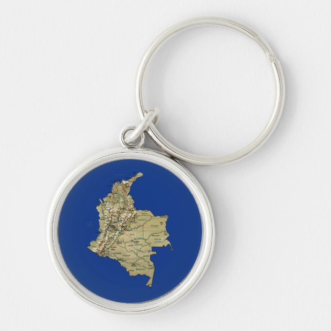 Colombia Karta Keychain Rund Silverfärgad Nyckelring (Framsidan)