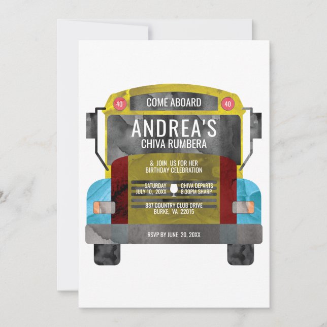 Colombian Chiva Rumbera Pachangera Partybus Inbjudningar (Framsida)