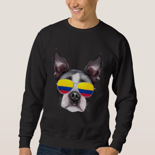 Colombian Flag Boston Terrier Dog Colombia Pocket Lång Ärmad Tröja (Framsida)