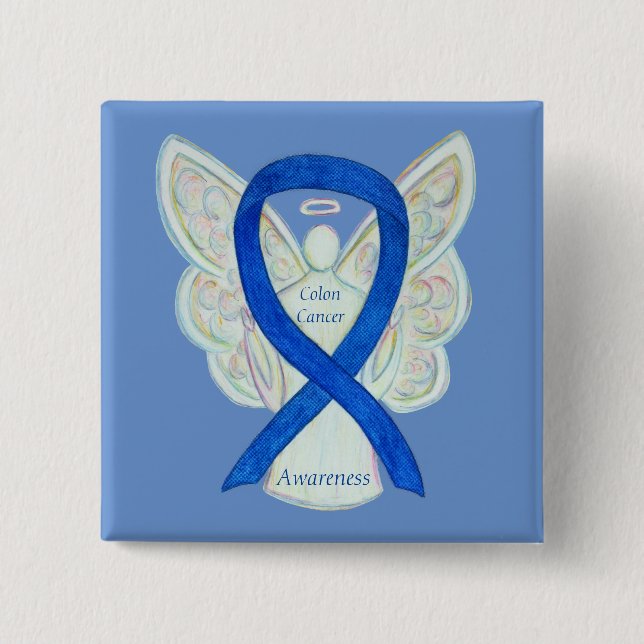 Colon Cancer Angel Blue Awareness Ribbon Art Pin Knapp (Framsida)