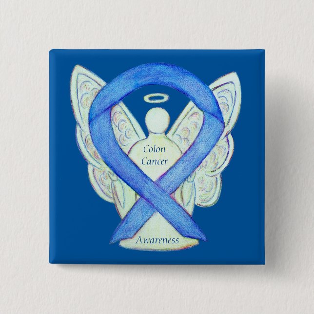 Colon Cancer Angel Blue Awareness Ribbon Art Pin Knapp (Framsida)