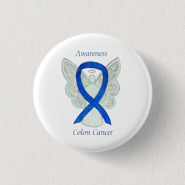 Colon Cancer Angel Blue Awareness Ribbon Art Pin Knapp (Framsida)
