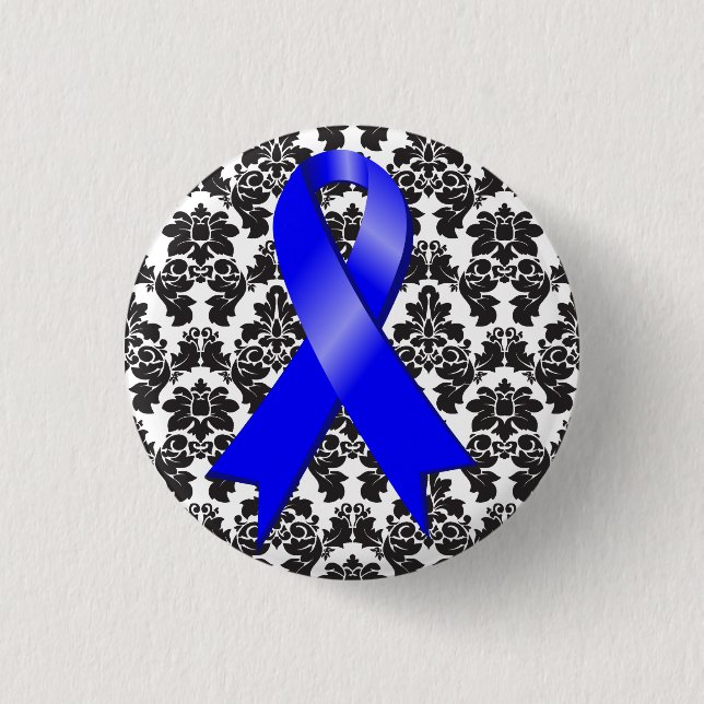 Colon Cancer Damask Blue Ribbon Knapp (Framsida)