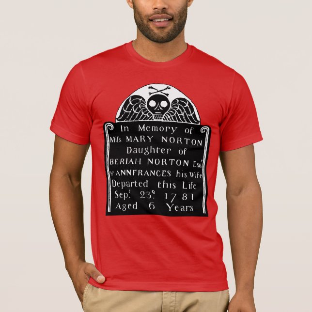 Colonial American Gravsten Skull Angel Bones T Shirt (Framsida)