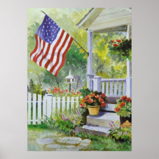 Colonial Land Home American Flagga Front Porch Poster