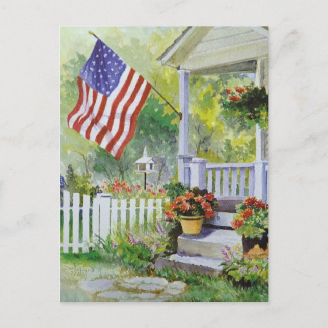 Colonial Land Home American Flagga Front Porch Vykort (Framsida)