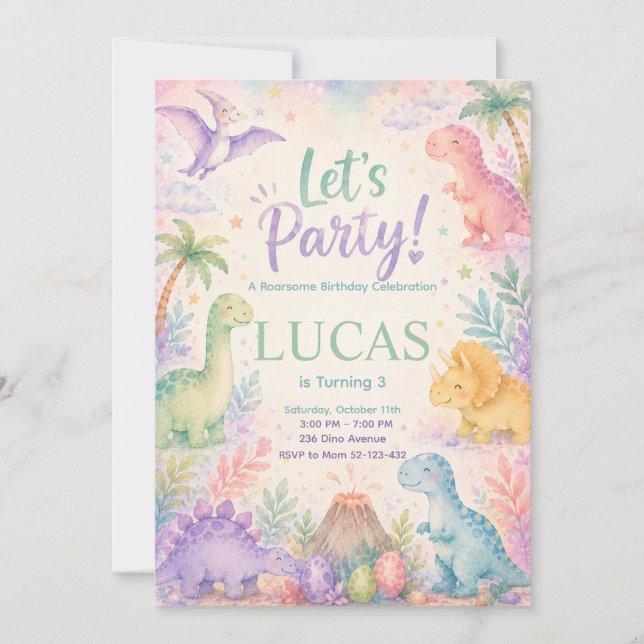 Color Dinosaur Birthday Invitation Editable Inbjudningar (Framsida)