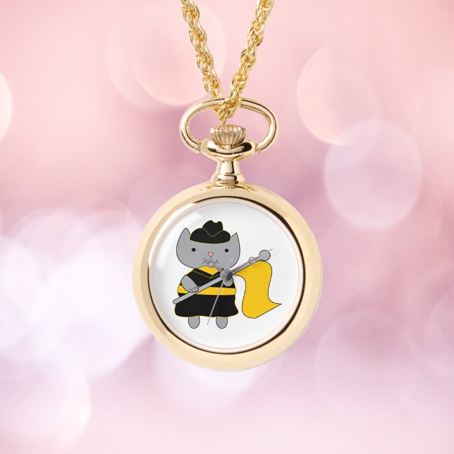 Color Guard Gray Cat Black and Yellow Armbandsur (A watch necklace featuring a cat in a black and yellow color guard uniform.)