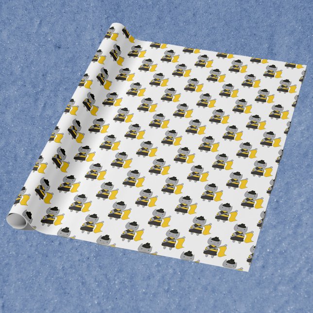 Color Guard Kawaii Cat Black and Yellow Presentpapper (Wrapping paper featuring a cute gray cat in a black & yellow color guard uniform.)