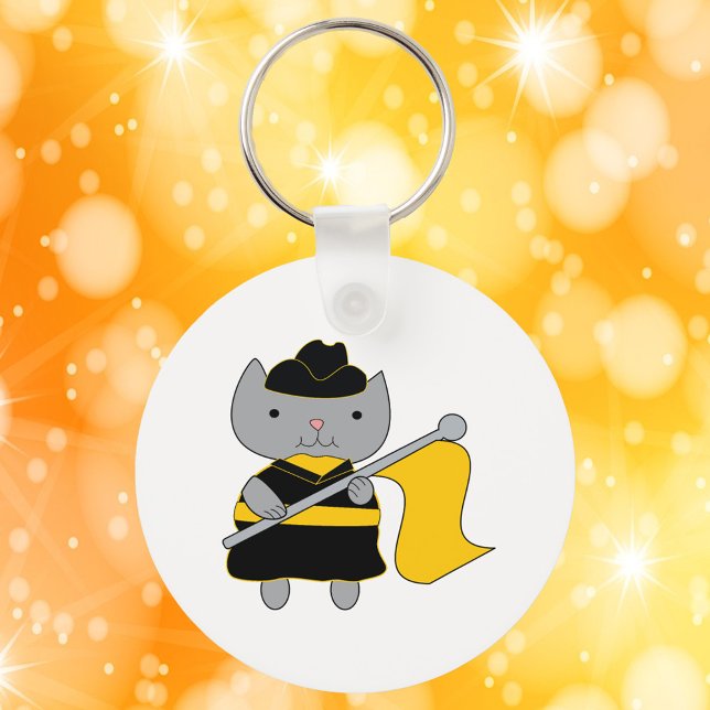 Color Guard Kawaii Cat Black Yellow Nyckelring (A keychain featuring a cute gray cat in a black & yellow color guard uniform.)