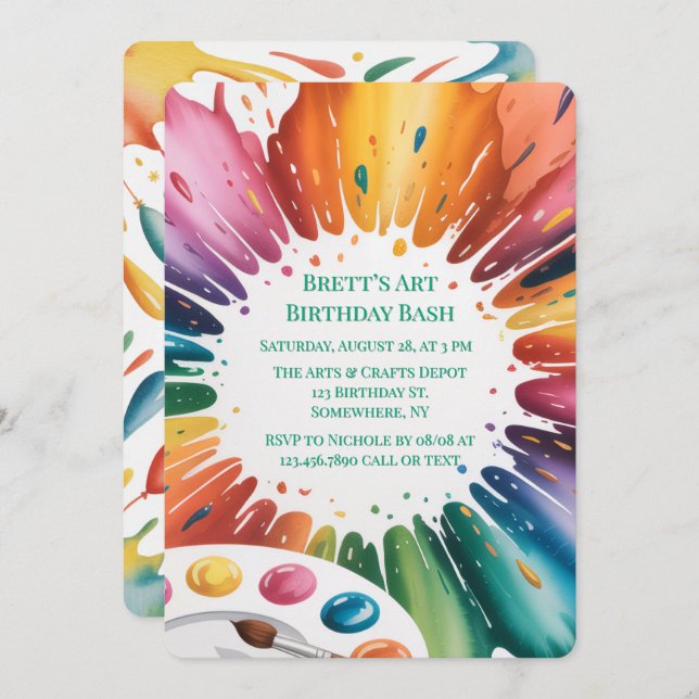 Color Splash Art Birthday Bash Inbjudningar (Fram/baksida)