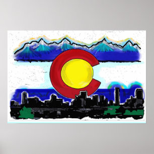 Colorado flagga konstnärliga denver-skylin poster