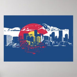 Colorado Flagga med Denver Skyline och Rockies Poster