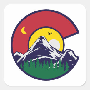 Colorado Flagga Mountain Måne Fyrkantigt Klistermärke