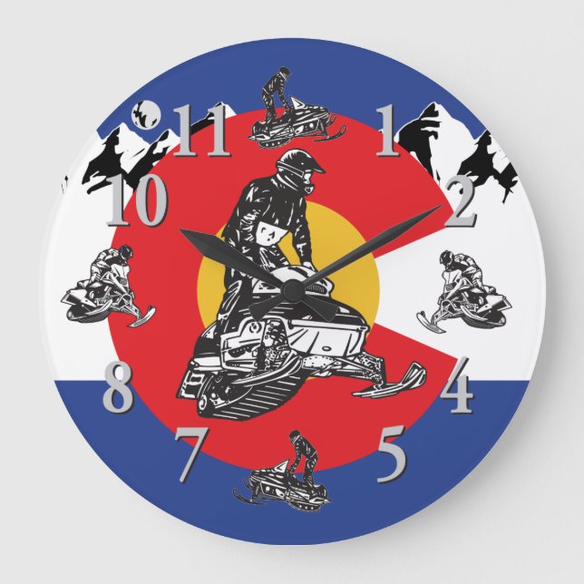Colorado Flagga och Snowmobiles Clock Stor Klocka (Framsida)