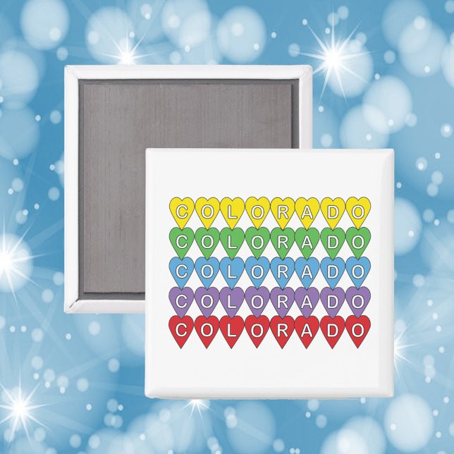 Colorado Hearts Rainbow Mönster Magnet (A fun magnet with the word Colorado in yellow, green, blue, purple and red)