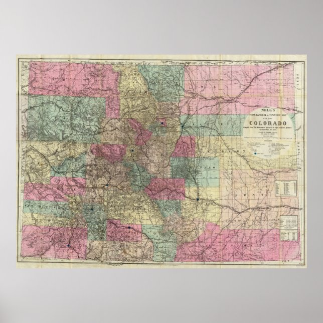 Colorado Karta med städer (1884) Poster (Framsidan)