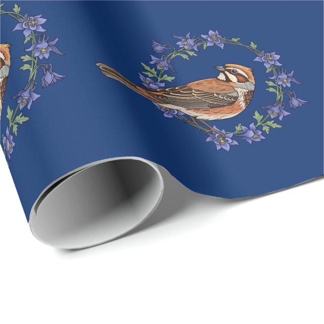 Colorado Lark Bunting Bird Surrounded By Columbine Presentpapper (Rullad Hörn)