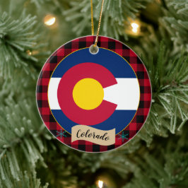 Colorado, Red buffalo plaid & Colorado Flagga Julgransprydnad Keramik