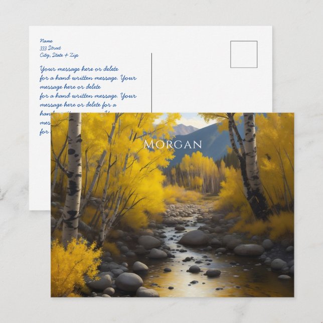 Colorado Stream & Aspen Träd Art, Namn, Message Vykort (Fram/baksida)