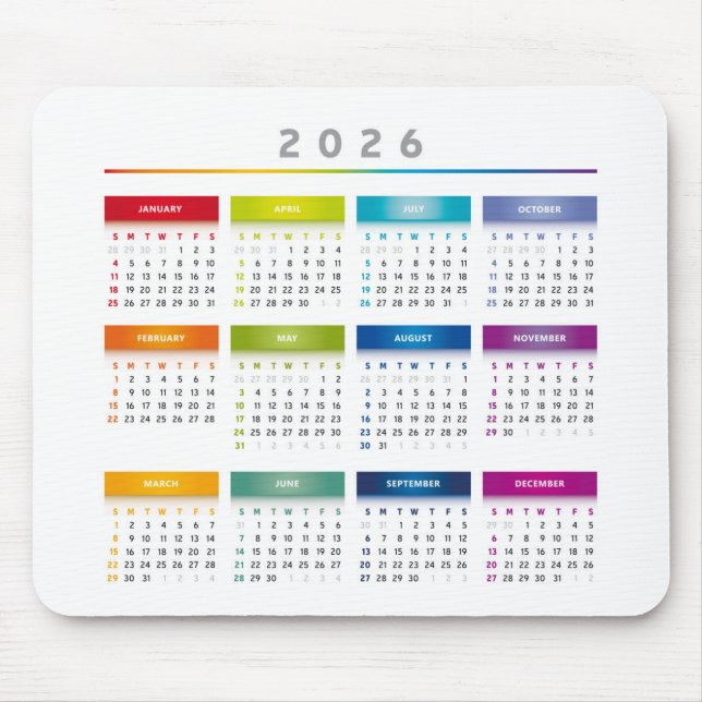 Colorful 2026 Calendar - Rainbow Colors 3 Columns Musmatta (Framsidan)