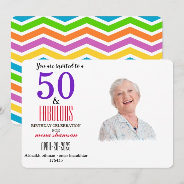 Colorful 50 & Fabulous Invitation Inbjudningar (Fram/baksida)